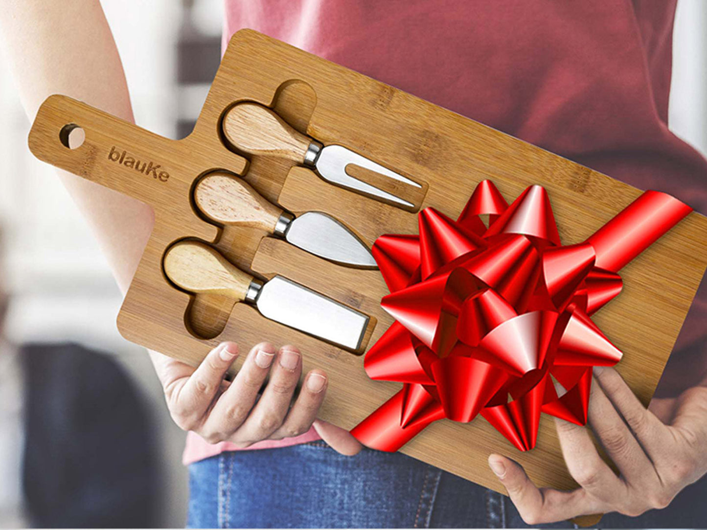 Bamboo Cheese Board and Knife Set - 12x8 inch Charcuterie Board with Magnetic Cutlery Storage - Wood Serving Tray with Handle - GlitterWicks