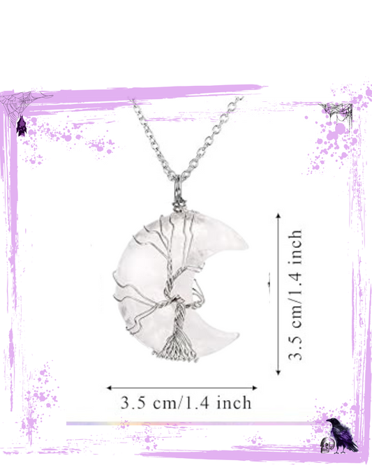 Necklace - Clear Quartz Moon with tree of life wire housing