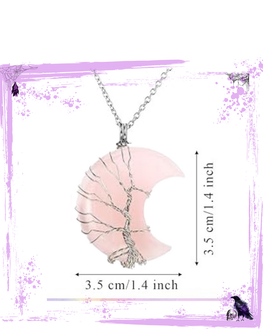 Necklace - Rose Quartz Moon with tree of life wire housing