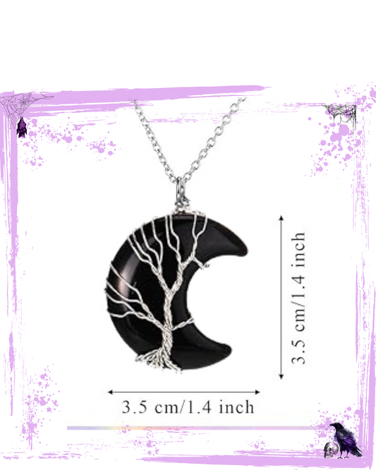 Necklace - Obsidian Moon with tree of life wire housing